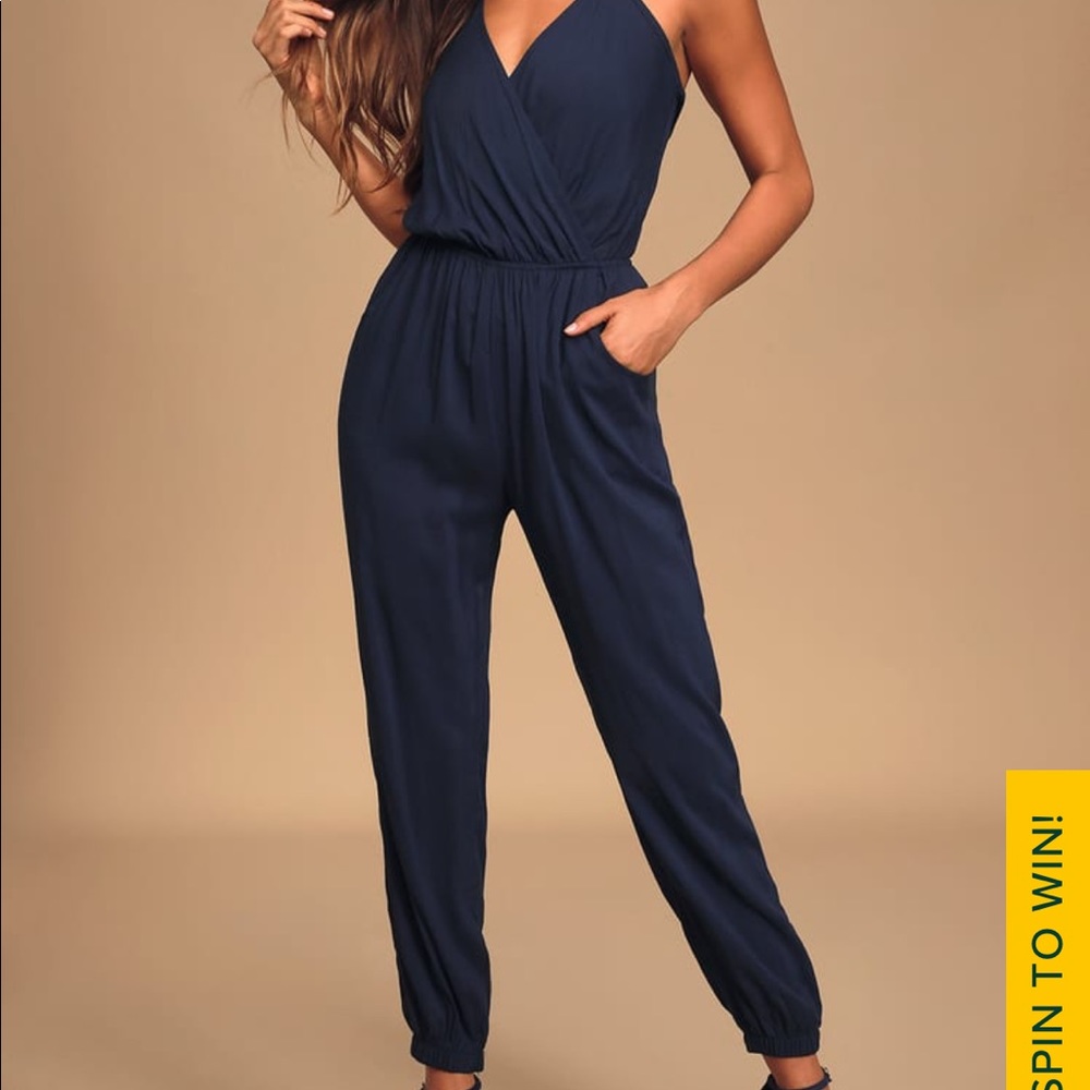 Lulu’s Learning to Fly Navy Blue Halter Jumpsuit